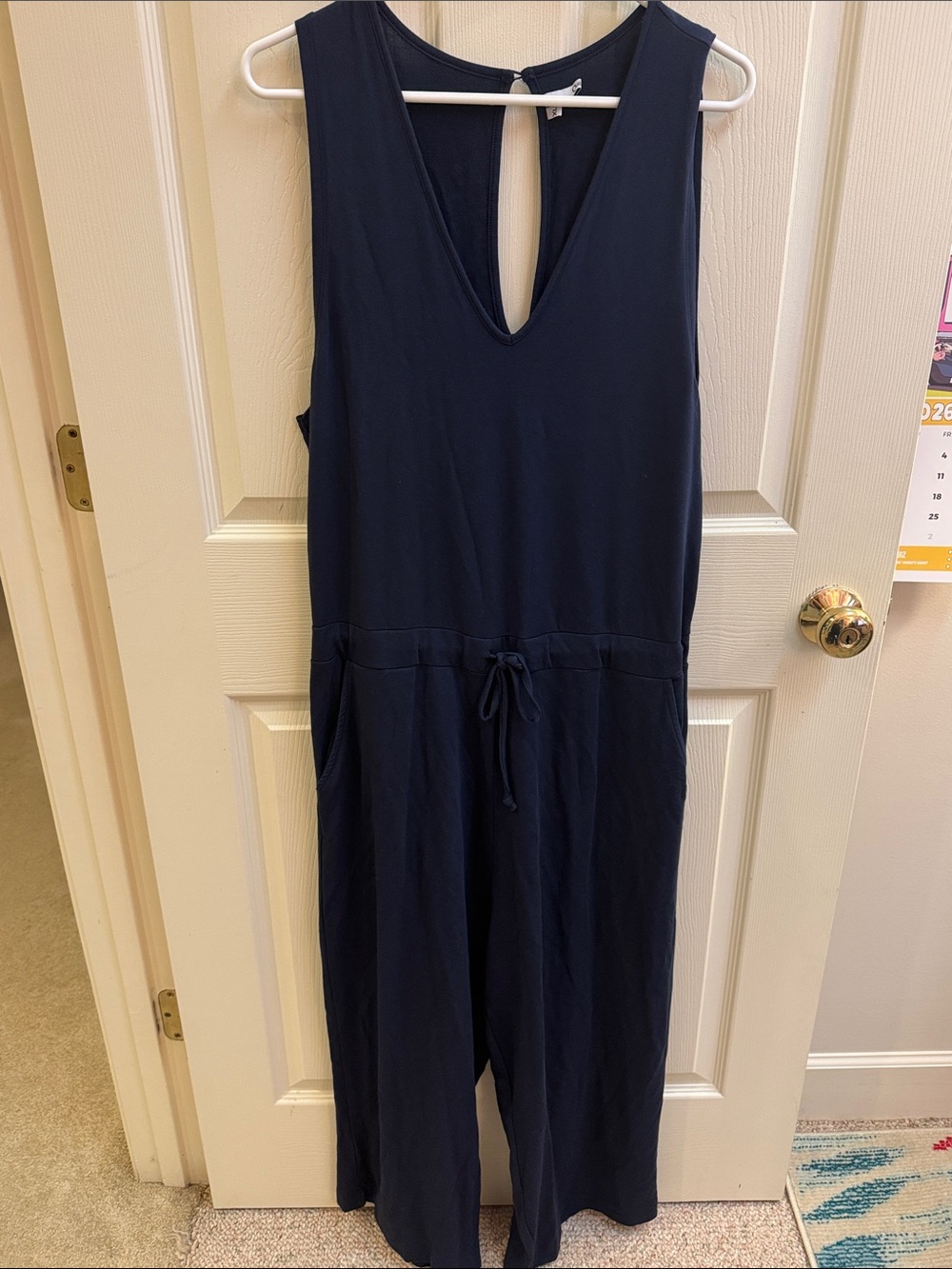 Quince Navy Sleeveless V-Neck Drawstring Jumpsuit with Wide Legs